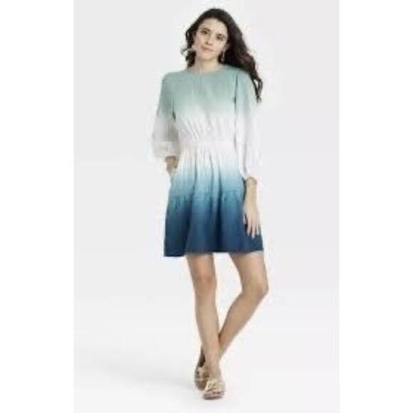 Universal Thread Dress Size XS Blue Balloon Sleeve Tiered Gauzy Ombre Dip Dye - Picture 1 of 10